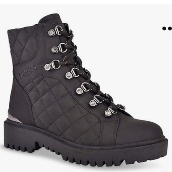 GUESS Ortela Combat Boot Womens Military Black Quilted Biker Chunky Moto Ankle 7 - Picture 1 of 15
